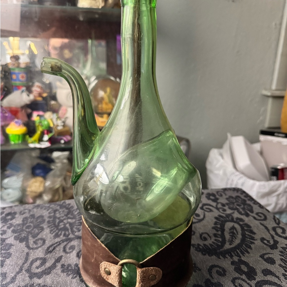 Artistic Green Glass Decanter with Leather Base